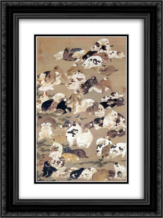 One Hundred Dogs 18x24 Black Ornate Wood Framed Art Print Poster with Double Matting by Jakuchu, Ito
