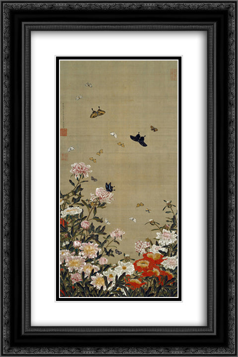 Peonies and Butterflies 16x24 Black Ornate Wood Framed Art Print Poster with Double Matting by Jakuchu, Ito