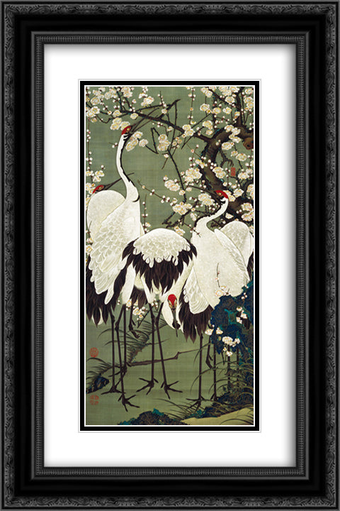 Plum Blossoms and Cranes 16x24 Black Ornate Wood Framed Art Print Poster with Double Matting by Jakuchu, Ito