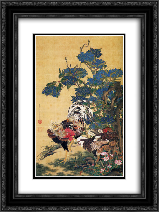 Rooster and Hen with Hydrangeas 18x24 Black Ornate Wood Framed Art Print Poster with Double Matting by Jakuchu, Ito