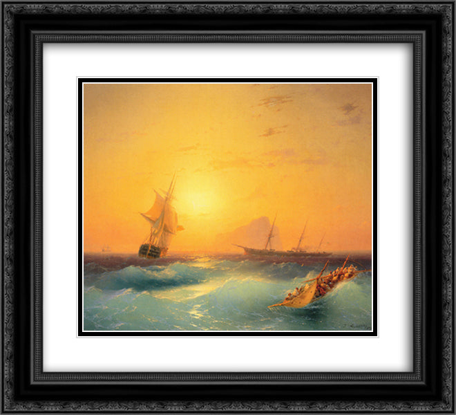 American Shipping off the Rock of Gibraltar 22x20 Black Ornate Wood Framed Art Print Poster with Double Matting by Aivazovsky, Ivan