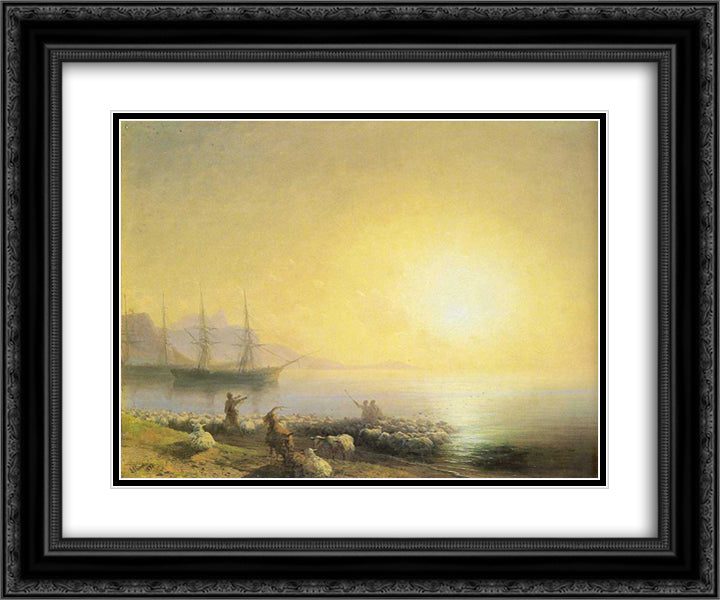 Bathing of a sheeps 24x20 Black Ornate Wood Framed Art Print Poster with Double Matting by Aivazovsky, Ivan