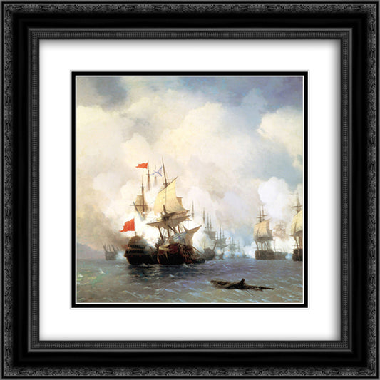 Battle of Chios on 24 June, 1770 20x20 Black Ornate Wood Framed Art Print Poster with Double Matting by Aivazovsky, Ivan