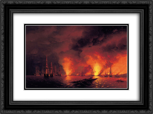 Battle of Sinop 24x18 Black Ornate Wood Framed Art Print Poster with Double Matting by Aivazovsky, Ivan
