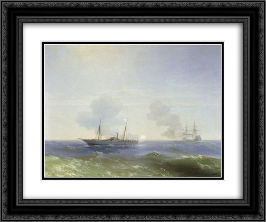 Battle of steamship Vesta and Turkish ironclad 24x20 Black Ornate Wood Framed Art Print Poster with Double Matting by Aivazovsky, Ivan