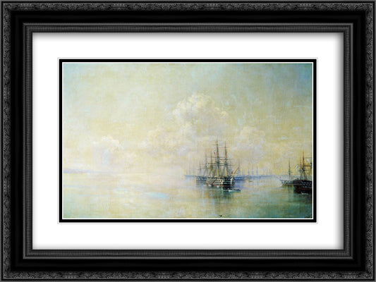 Black Sea Fleet squadron before going on the raid Sevastopol 24x18 Black Ornate Wood Framed Art Print Poster with Double Matting by Aivazovsky, Ivan
