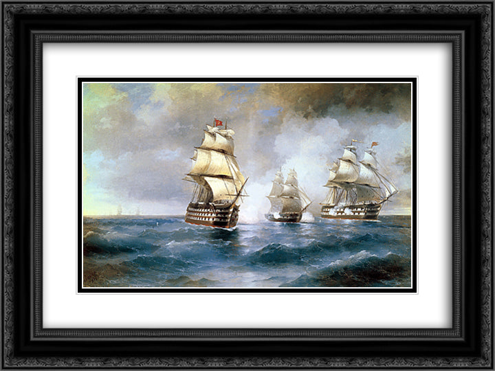 Brig Mercury Attacked by Two Turkish Ships 24x18 Black Ornate Wood Framed Art Print Poster with Double Matting by Aivazovsky, Ivan