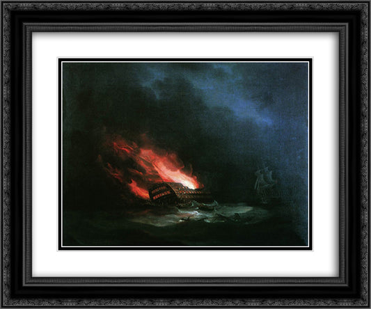 Burning ship (the episode of the Russian-Turkish War) 24x20 Black Ornate Wood Framed Art Print Poster with Double Matting by Aivazovsky, Ivan