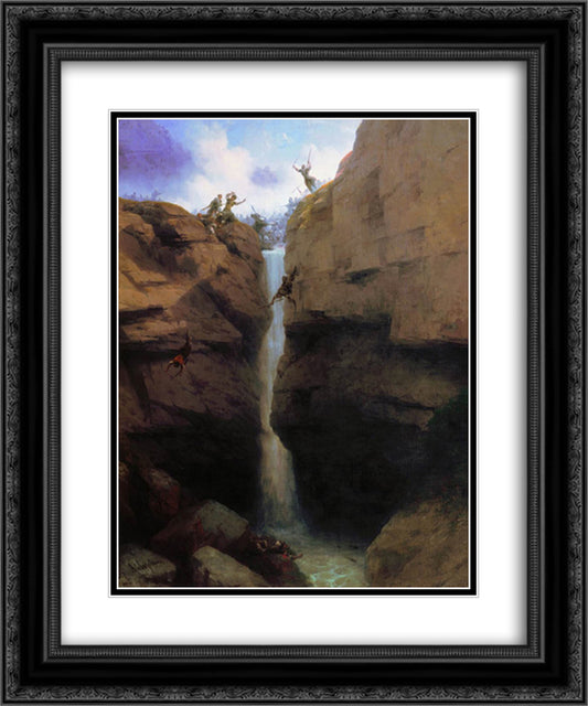 Clash soldiers with murids on Gunib 20x24 Black Ornate Wood Framed Art Print Poster with Double Matting by Aivazovsky, Ivan