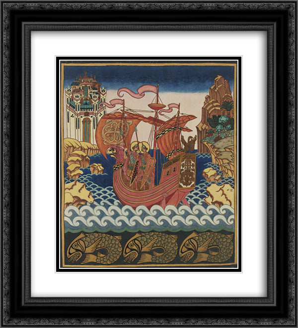 Saints Boris and Gleb on the ship 20x22 Black Ornate Wood Framed Art Print Poster with Double Matting by Bilibin, Ivan