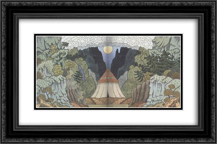 Sketch for the opera, 'The Golden Cockerel', by Nikolai Rimsky-Korsakov 24x16 Black Ornate Wood Framed Art Print Poster with Double Matting by Bilibin, Ivan