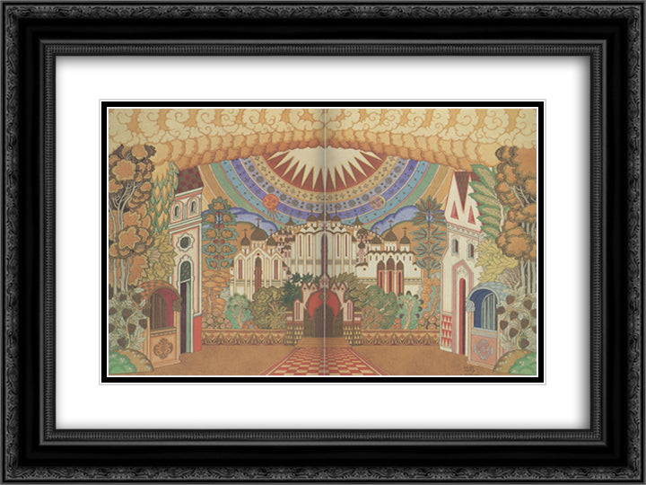 Sketch for the opera Legend of the Invisible City of Kitezh and Maiden Fevronia by Nikolai Rimsky-Korsakov 24x18 Black Ornate Wood Framed Art Print Poster with Double Matting by Bilibin, Ivan