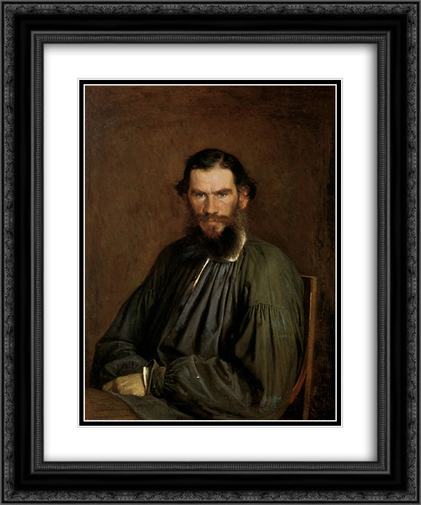 Portrait of Leo Tolstoy 20x24 Black Ornate Wood Framed Art Print Poster with Double Matting by Kramskoy, Ivan