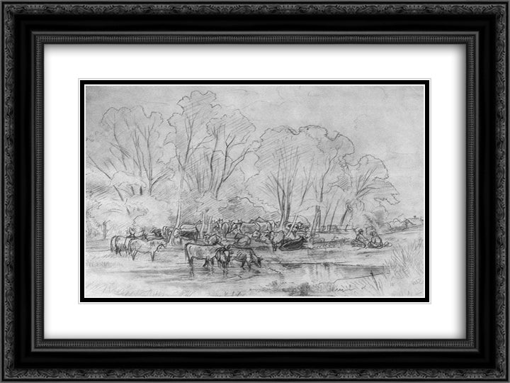 Herd near a stream 24x18 Black Ornate Wood Framed Art Print Poster with Double Matting by Shishkin, Ivan