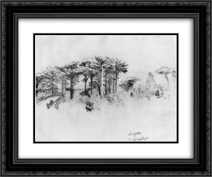 Pine trees over the sea. Alupka 24x20 Black Ornate Wood Framed Art Print Poster with Double Matting by Shishkin, Ivan
