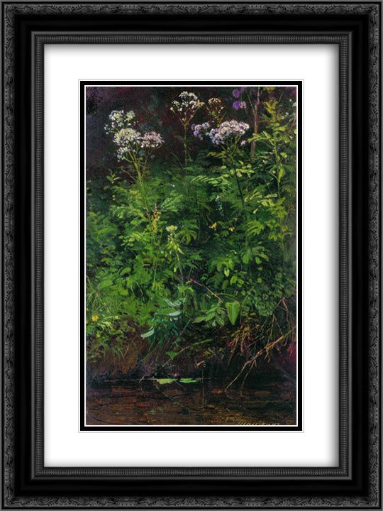Wildflowers near the water 18x24 Black Ornate Wood Framed Art Print Poster with Double Matting by Shishkin, Ivan