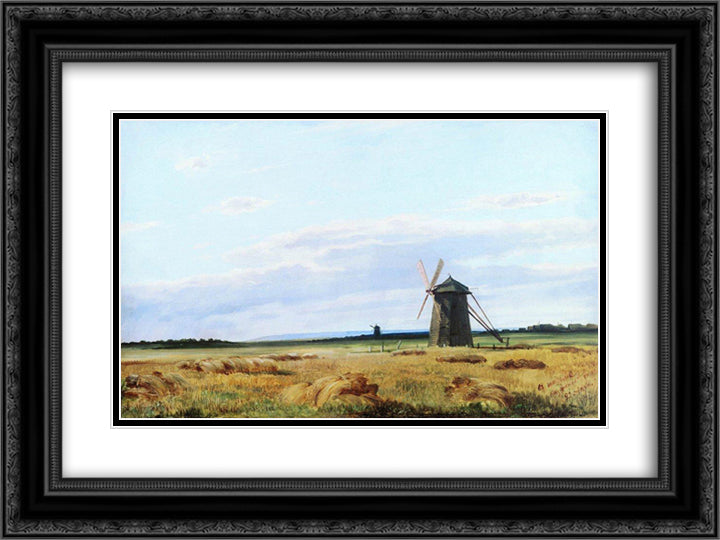 Windmill in the field 24x18 Black Ornate Wood Framed Art Print Poster with Double Matting by Shishkin, Ivan