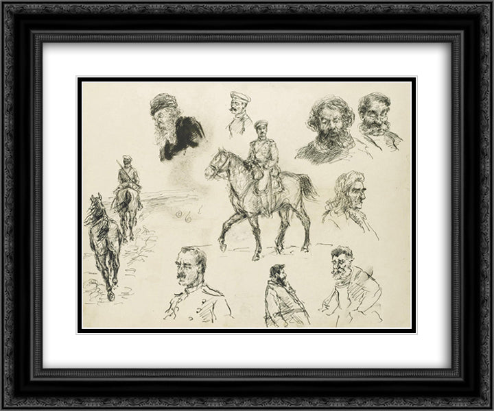 A Russian Cavalry Officer (recto) and Other Sketches of Various Characters (verso) 24x20 Black Ornate Wood Framed Art Print Poster with Double Matting by Vladimirov, Ivan