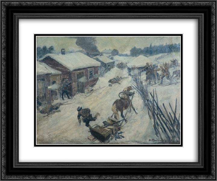 An episode from the Civil War. The battle in the village. 24x20 Black Ornate Wood Framed Art Print Poster with Double Matting by Vladimirov, Ivan