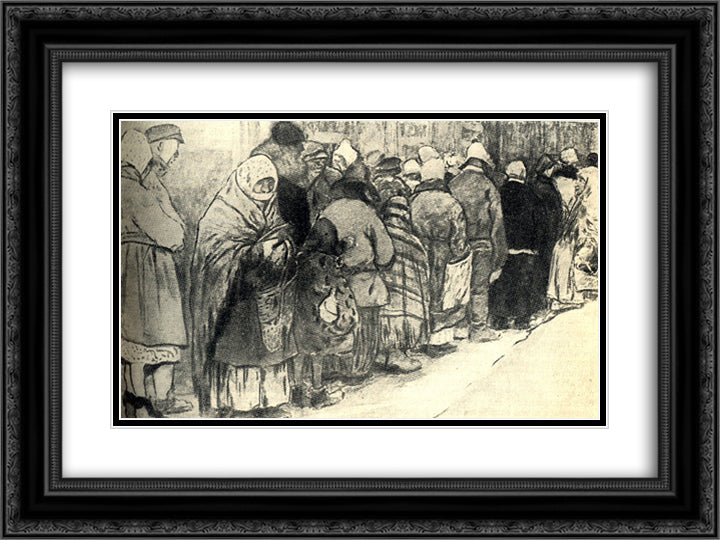 In the queue for bread. First World War. 24x18 Black Ornate Wood Framed Art Print Poster with Double Matting by Vladimirov, Ivan