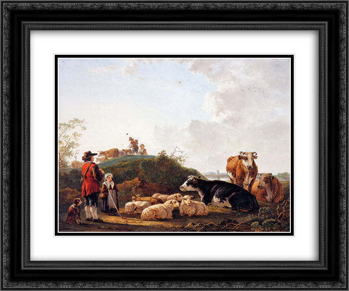Herdsman with resting cattle 24x20 Black Ornate Wood Framed Art Print Poster with Double Matting by van Strij, Jacob