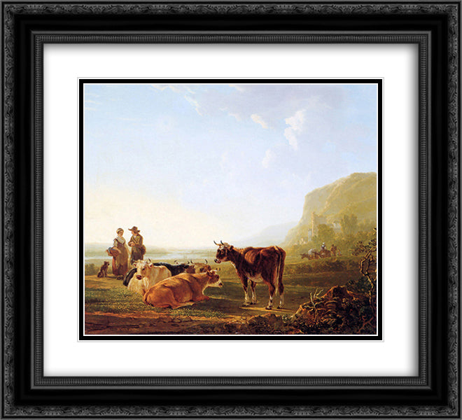 Landscape with resting cows 22x20 Black Ornate Wood Framed Art Print Poster with Double Matting by van Strij, Jacob