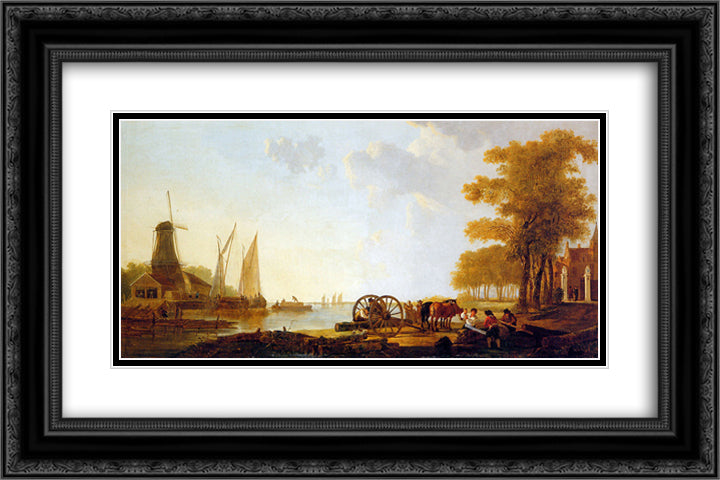 Riverlandscape with mill 24x16 Black Ornate Wood Framed Art Print Poster with Double Matting by van Strij, Jacob