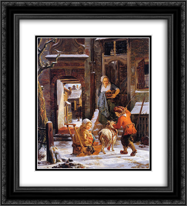 Winter city view with children 20x22 Black Ornate Wood Framed Art Print Poster with Double Matting by van Strij, Jacob