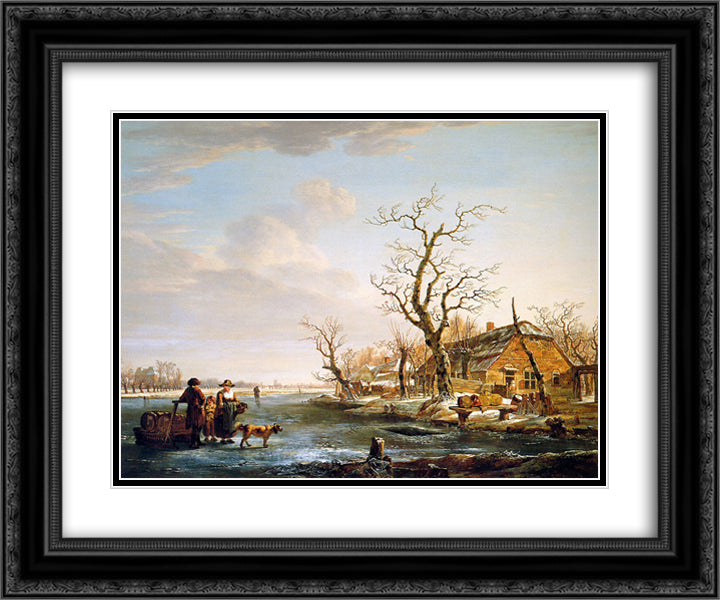 Winter landscape at Drevel 24x20 Black Ornate Wood Framed Art Print Poster with Double Matting by van Strij, Jacob