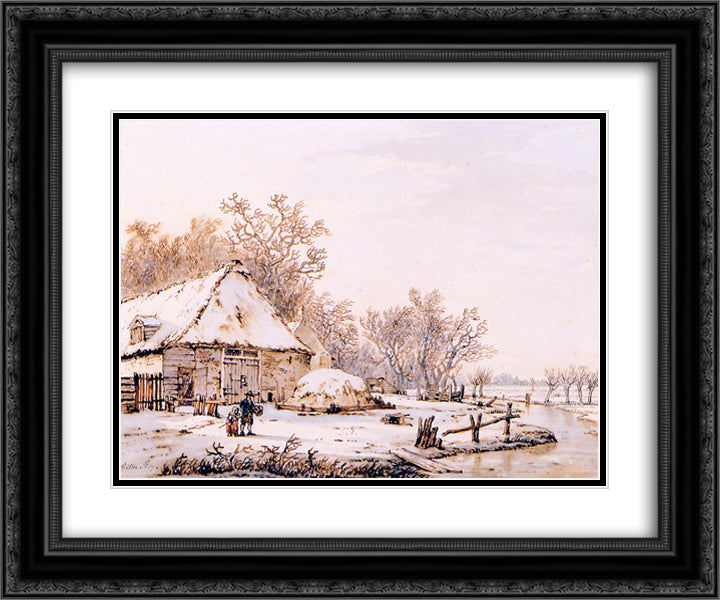 Winter landscape with farm 24x20 Black Ornate Wood Framed Art Print Poster with Double Matting by van Strij, Jacob