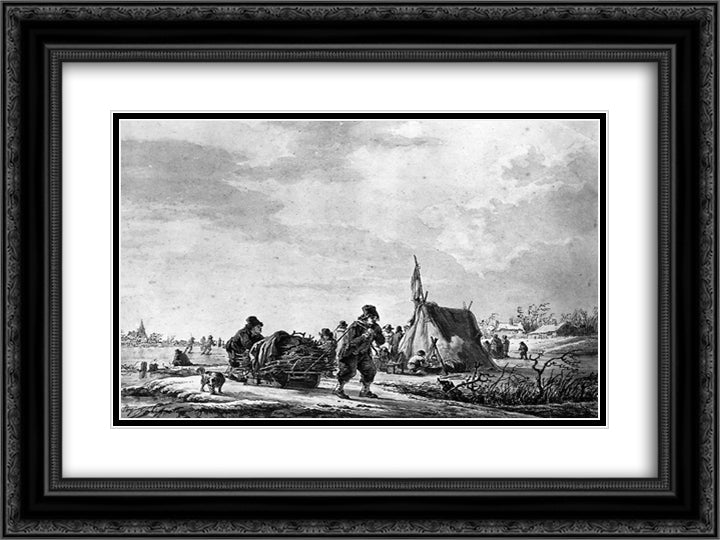 Winterview of men with sledge 24x18 Black Ornate Wood Framed Art Print Poster with Double Matting by van Strij, Jacob