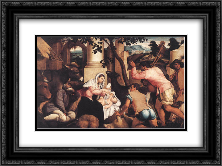 Adoration of the Shepherds 24x18 Black Ornate Wood Framed Art Print Poster with Double Matting by Bassano, Jacopo
