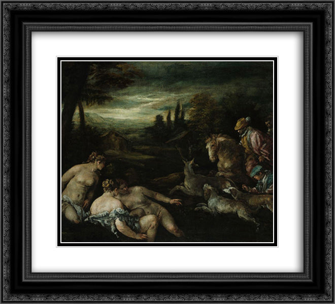 Diana and Actaeon 22x20 Black Ornate Wood Framed Art Print Poster with Double Matting by Bassano, Jacopo