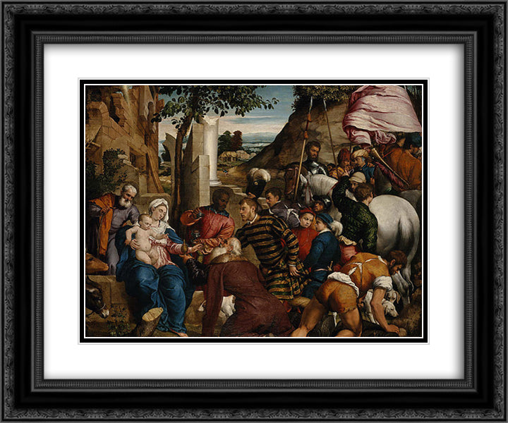 The Adoration of the Kings 24x20 Black Ornate Wood Framed Art Print Poster with Double Matting by Bassano, Jacopo