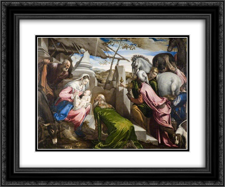 The Adoration of the Magi 24x20 Black Ornate Wood Framed Art Print Poster with Double Matting by Bassano, Jacopo