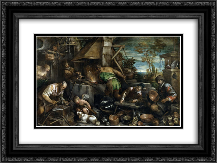 The Forge of Vulcan 24x18 Black Ornate Wood Framed Art Print Poster with Double Matting by Bassano, Jacopo