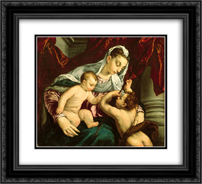 Virgin and Child with the Young Saint John the Baptist 22x20 Black Ornate Wood Framed Art Print Poster with Double Matting by Bassano, Jacopo
