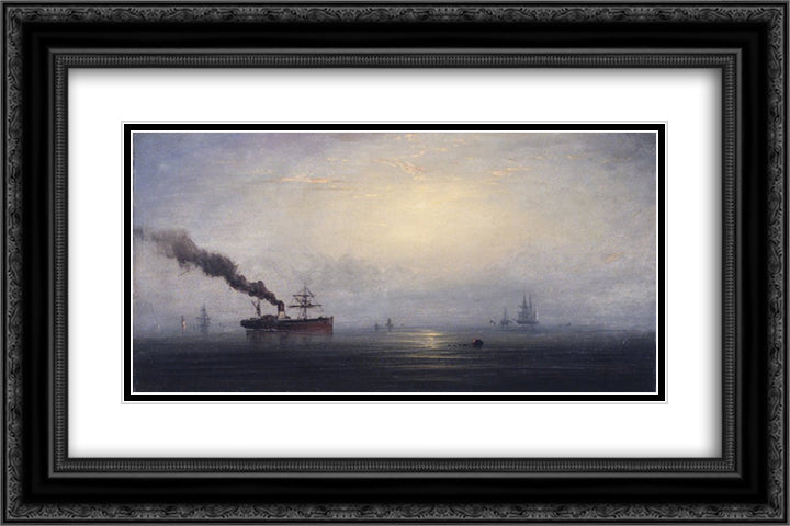 Foggy Morning on the Thames 24x16 Black Ornate Wood Framed Art Print Poster with Double Matting by Hamilton, James