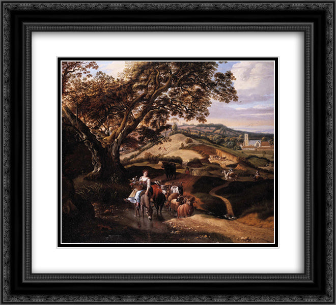 A Pastoral Landscape 22x20 Black Ornate Wood Framed Art Print Poster with Double Matting by Siberechts, Jan