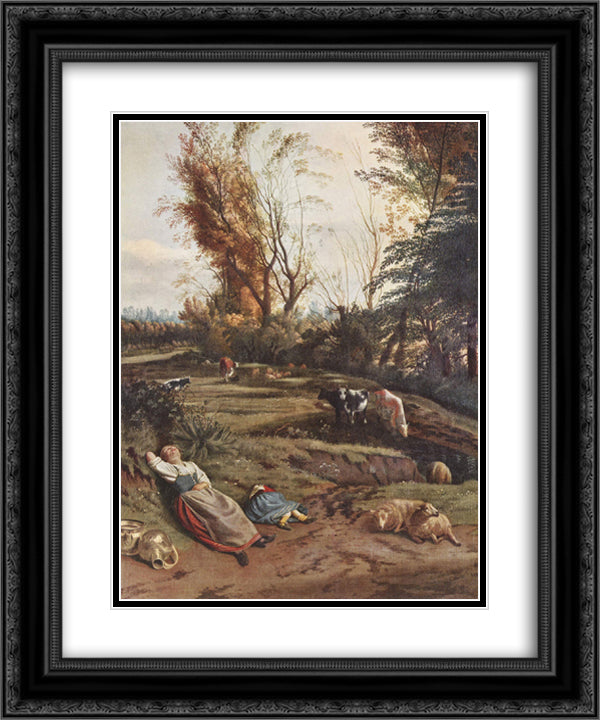 Pasture with two sleeping Shepherdesses 20x24 Black Ornate Wood Framed Art Print Poster with Double Matting by Siberechts, Jan