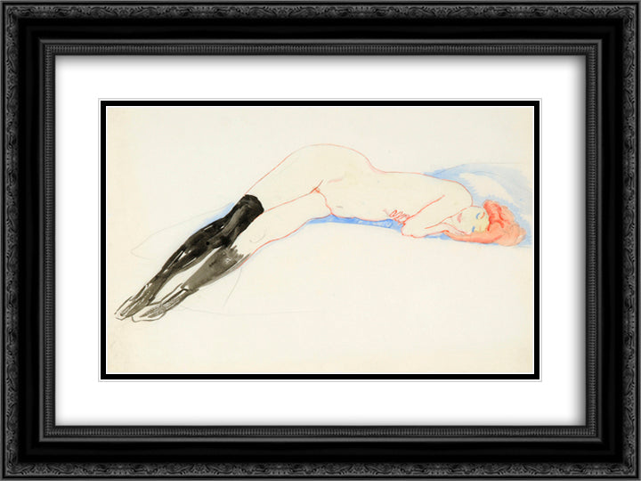 Reclining Nude with Black Stockings (Greet) 24x18 Black Ornate Wood Framed Art Print Poster with Double Matting by Sluyters, Jan