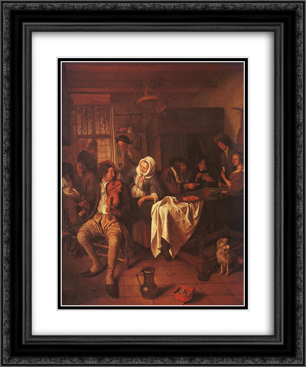 Inn with Violinist & Card Players 20x24 Black Ornate Wood Framed Art Print Poster with Double Matting by Steen, Jan