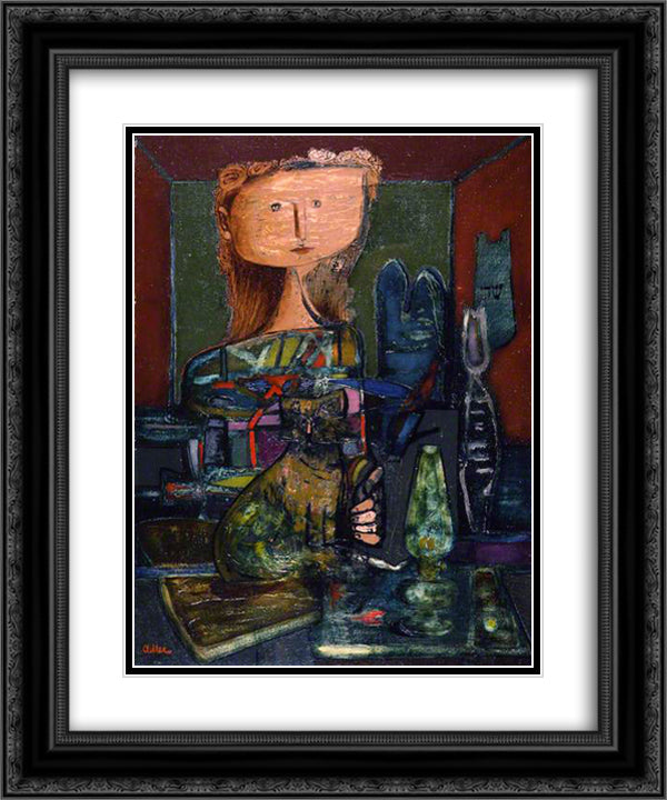 Woman with a Cat 20x24 Black Ornate Wood Framed Art Print Poster with Double Matting by Adler, Jankel