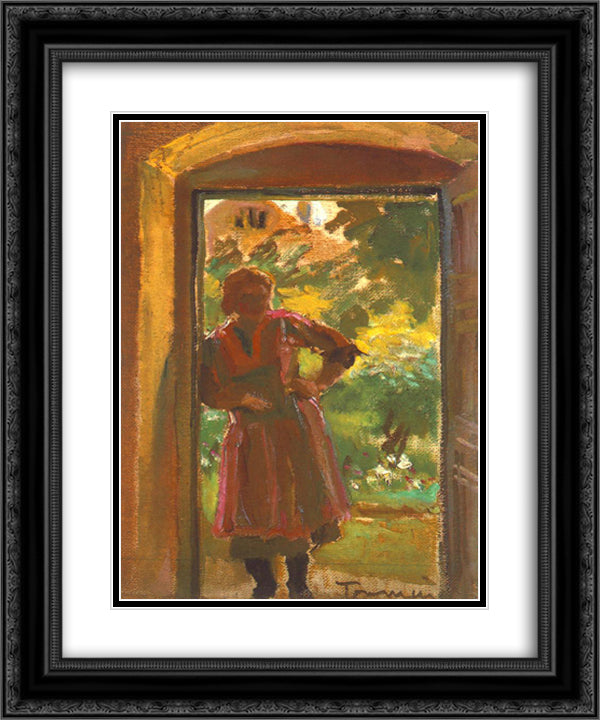 Woman Standing in a Door 20x24 Black Ornate Wood Framed Art Print Poster with Double Matting by Tornyai, Janos
