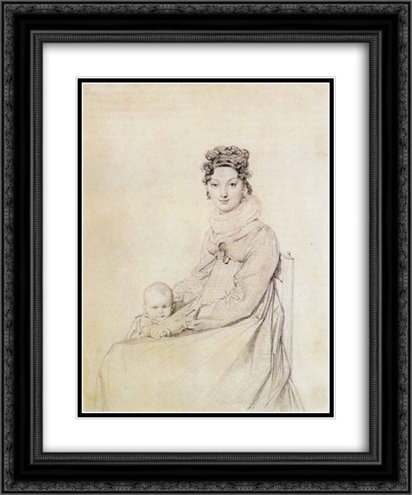 Madame Alexandre Lethiere, born Rosa Meli, and her daughter, Letizia 20x24 Black Ornate Wood Framed Art Print Poster with Double Matting by Ingres, Jean Auguste Dominique