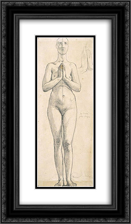 Nude woman standing, front view, hands clasped in front of the chest 14x24 Black Ornate Wood Framed Art Print Poster with Double Matting by Ingres, Jean Auguste Dominique