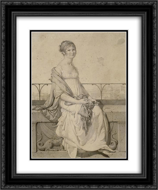 Portrait of miss Barbara Bansi sitting in an Italian landscape 20x24 Black Ornate Wood Framed Art Print Poster with Double Matting by Ingres, Jean Auguste Dominique