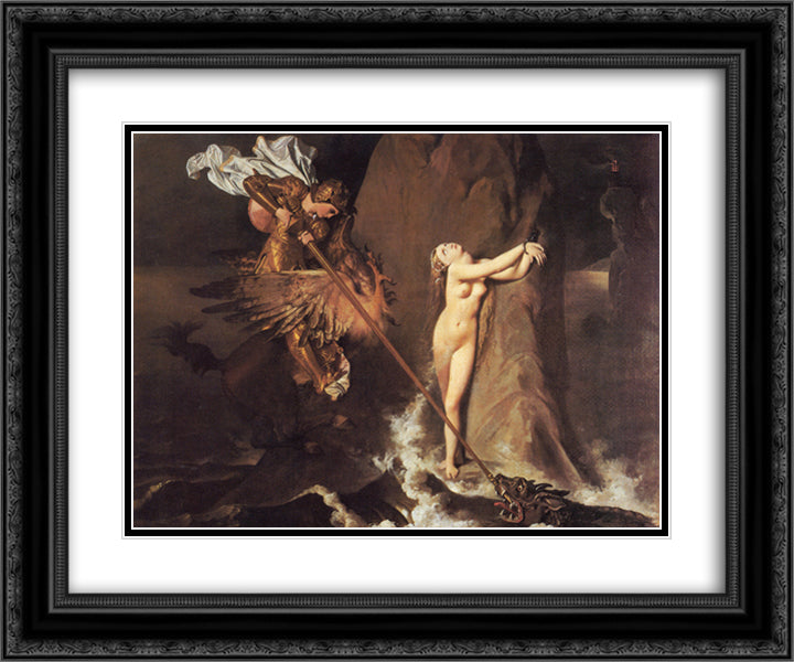 Roger Delivering Angelica 24x20 Black Ornate Wood Framed Art Print Poster with Double Matting by Ingres, Jean Auguste Dominique