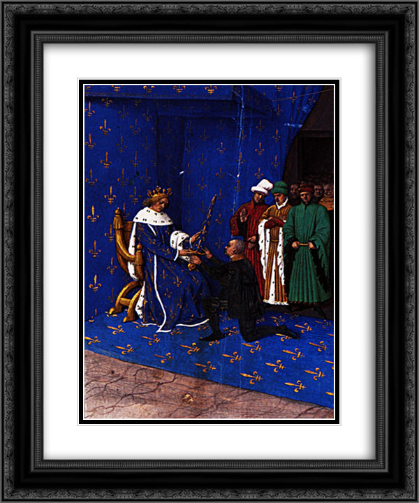 Charles V gives the sword of constable to Bertrand du Guesclin 20x24 Black Ornate Wood Framed Art Print Poster with Double Matting by Fouquet, Jean