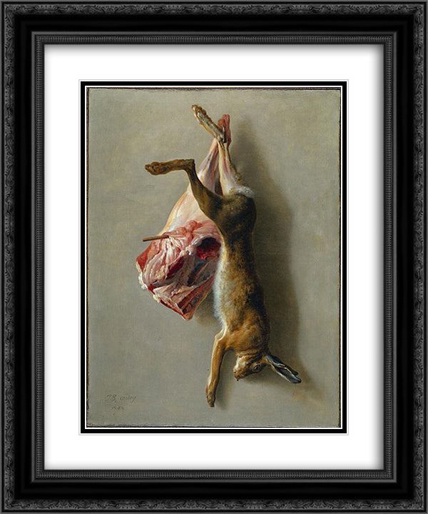 A Hare and a Leg of Lamb 20x24 Black Ornate Wood Framed Art Print Poster with Double Matting by Oudry, Jean Baptiste